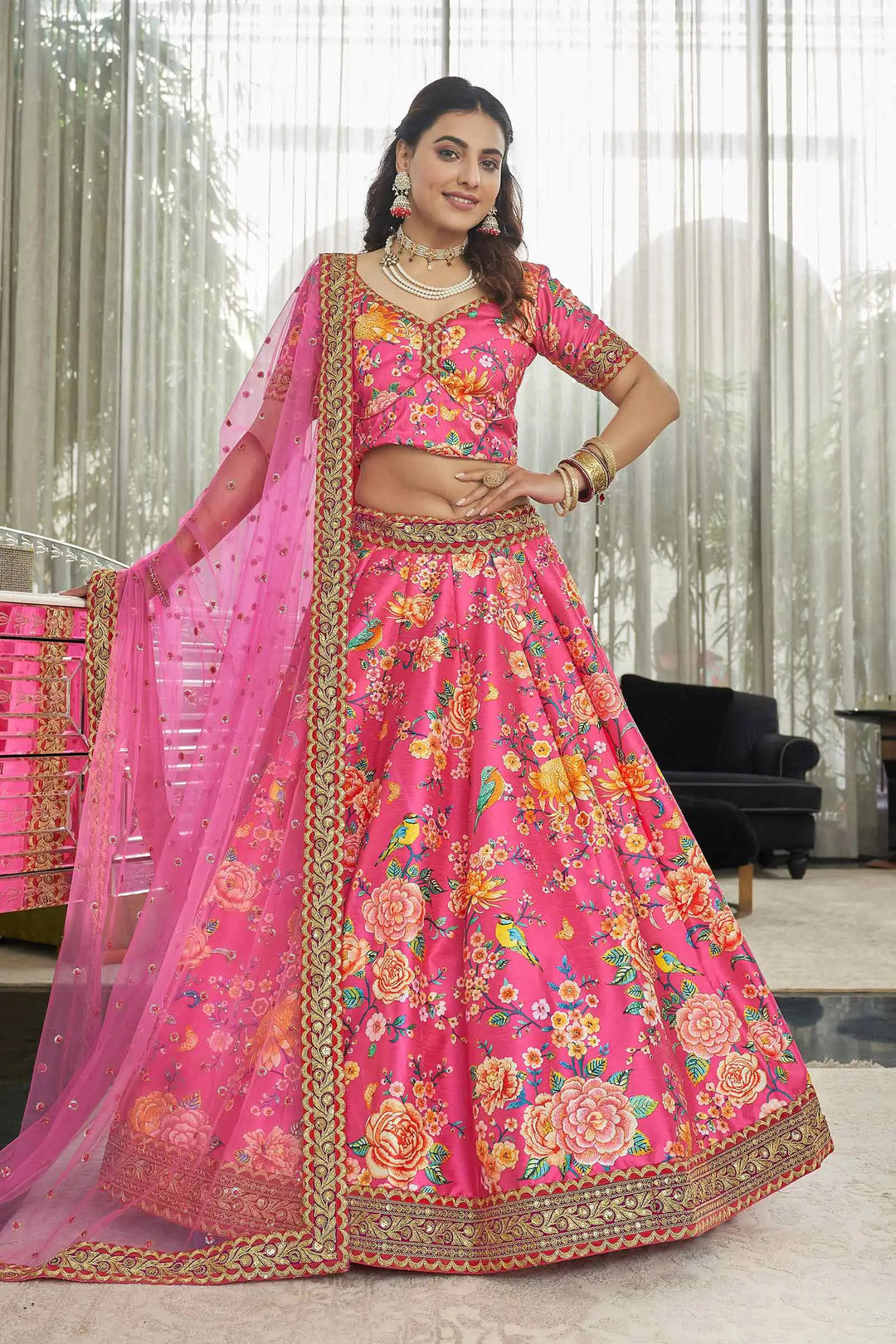 Deep Pink Art Silk Lehenga With Digital Floral Print With Dori Sequins And Stone Work - qivii