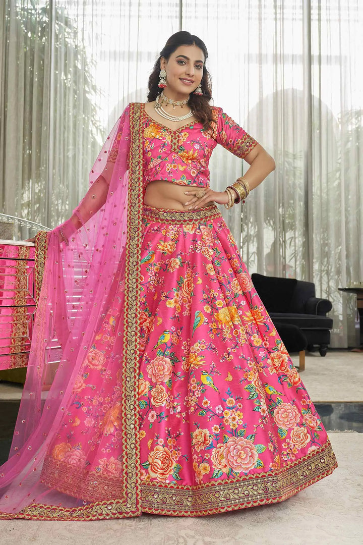 Deep Pink Art Silk Lehenga With Digital Floral Print With Dori Sequins And Stone Work - qivii