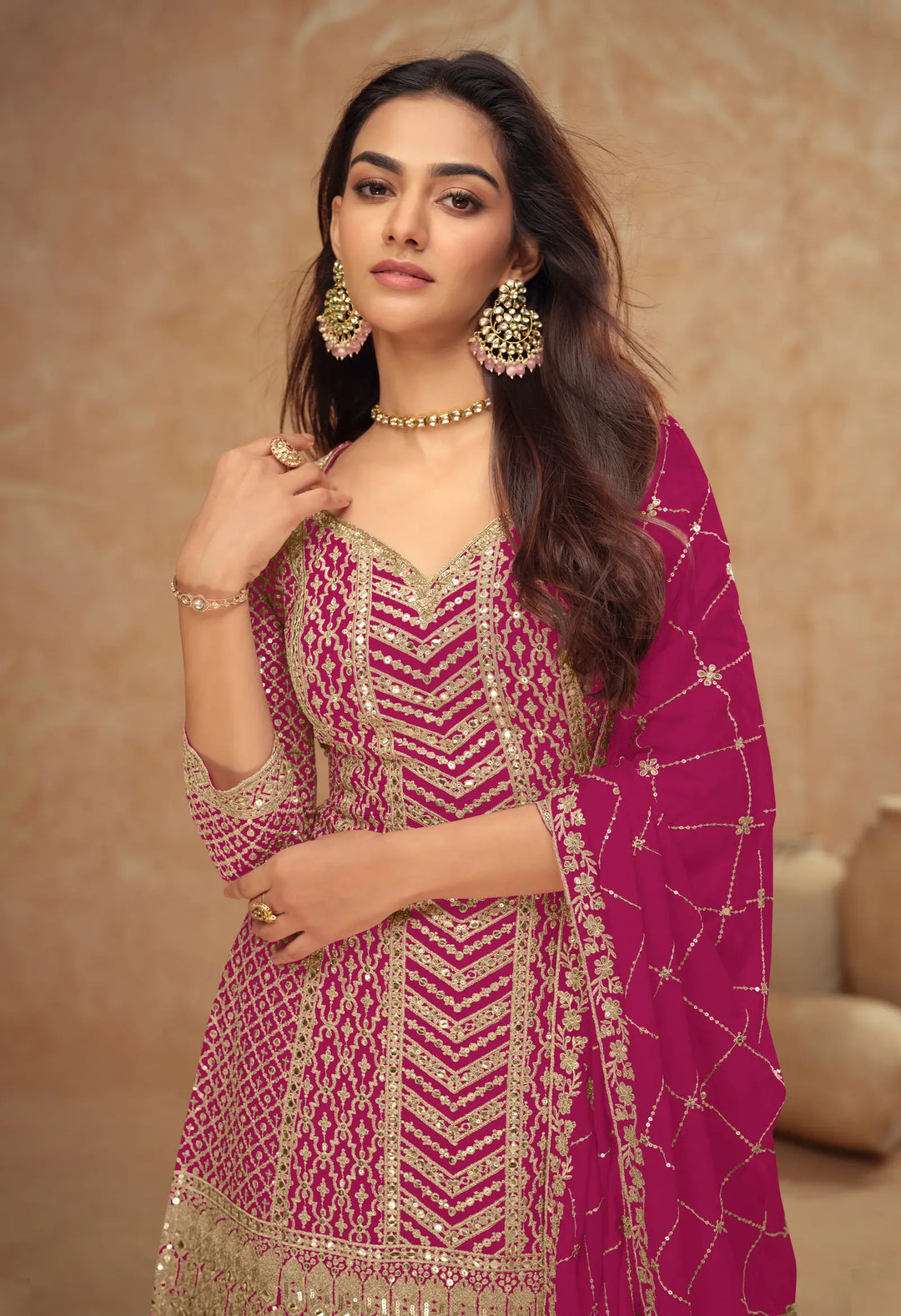 Dark Pink Chinon Silk Embroidery Plazzo Suit - qivii