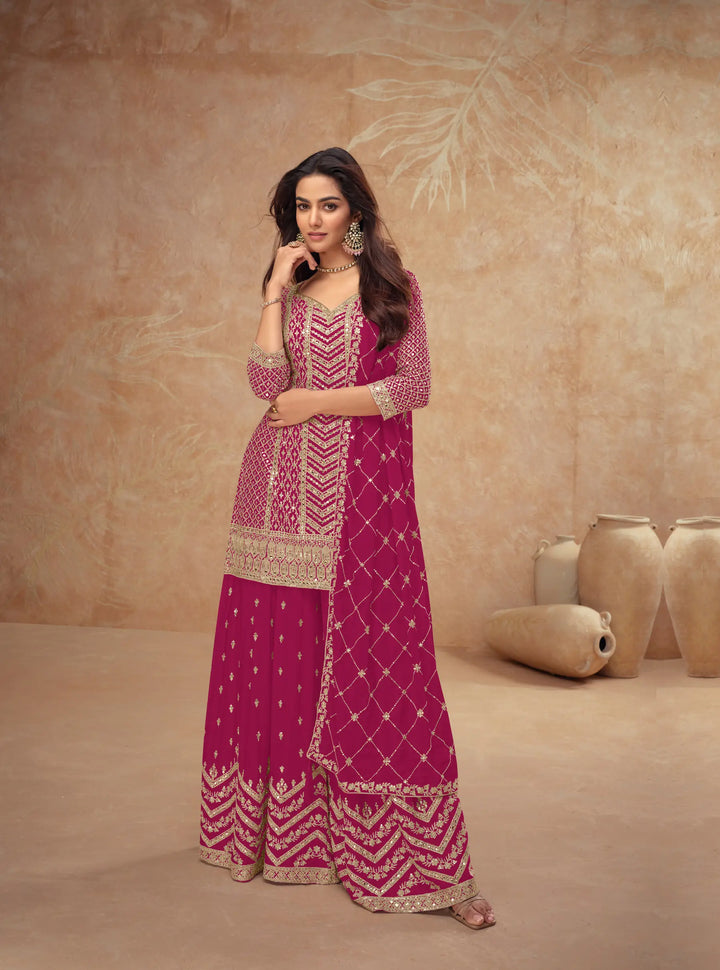 Dark Pink Chinon Silk Embroidery Plazzo Suit - qivii