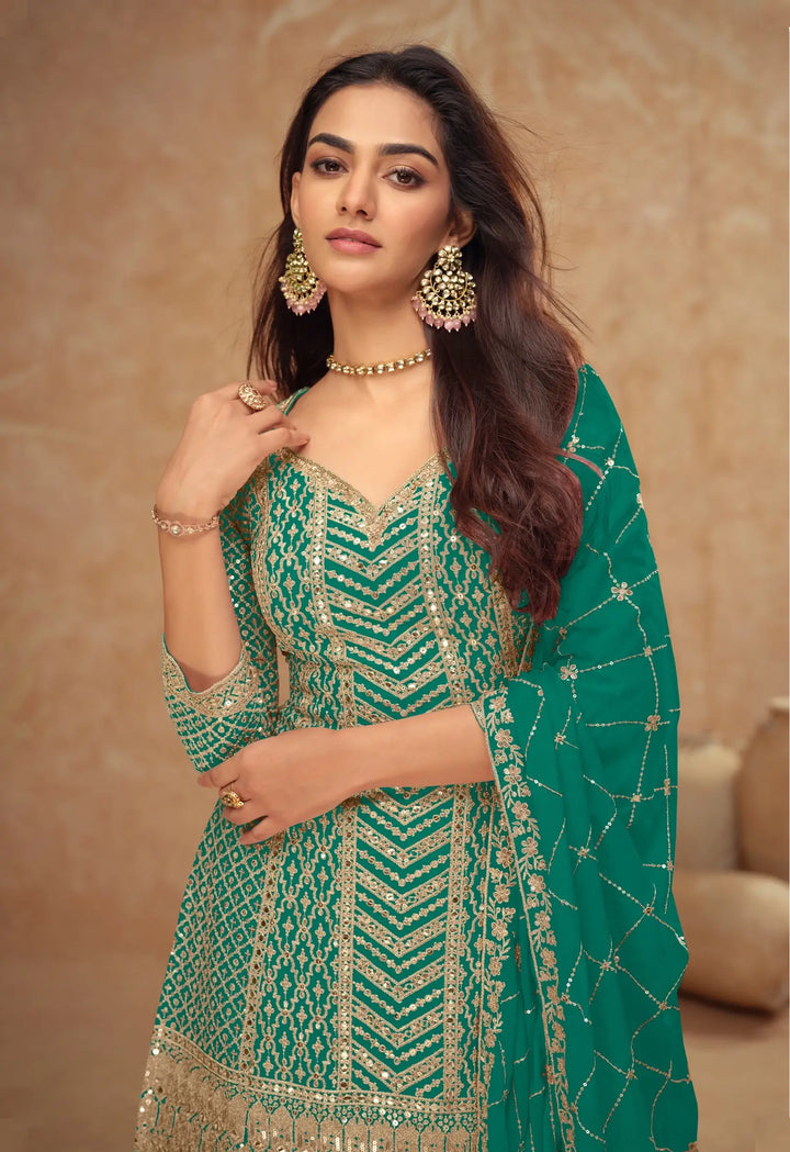 Teal Green Chinon Silk Embroidery Plazzo Suit - qivii