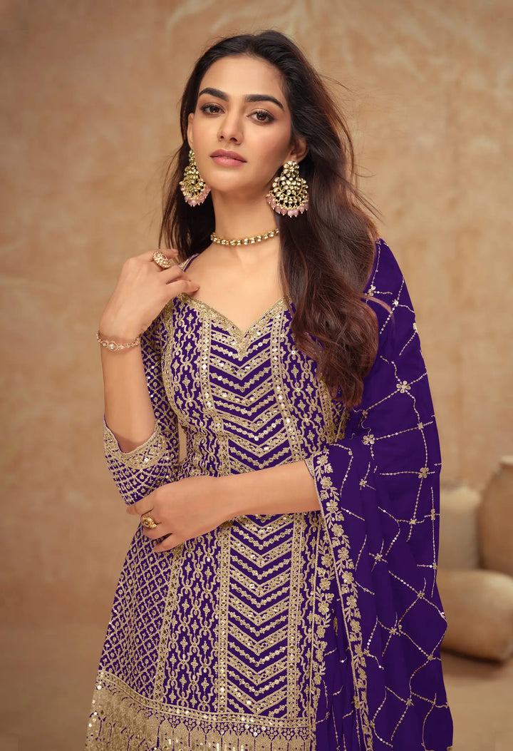 Dark Purple Chinon Silk Embroidery Plazzo Suit - qivii