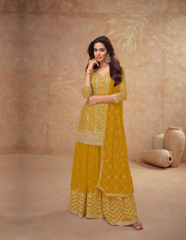Mustard Chinon Silk Embroidery Plazzo Suit - qivii