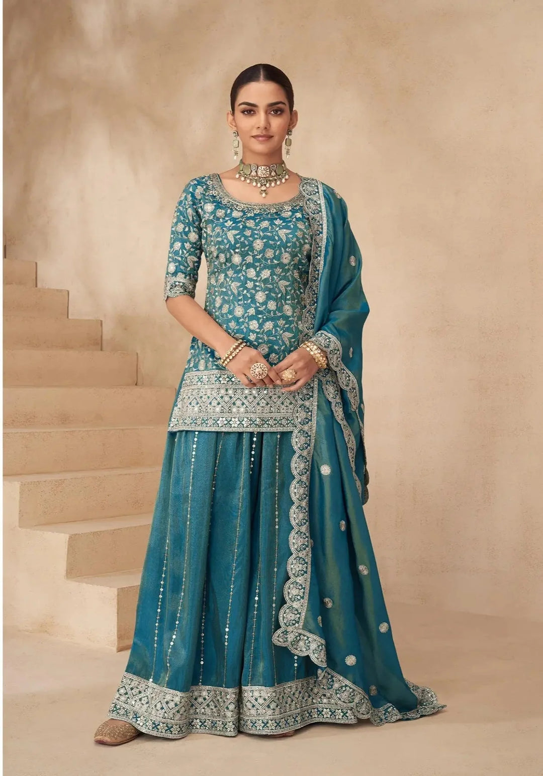 Teal Blue Shimmer Silk Embroidery Work Palazzo Suit - qivii