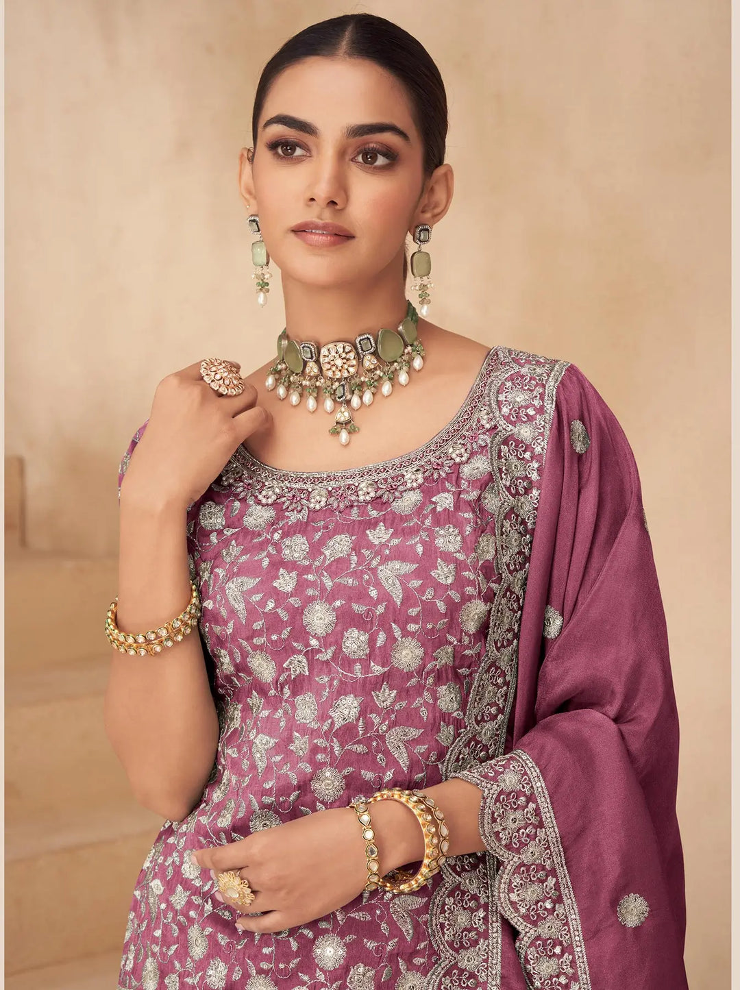 Dusty Pink Shimmer Silk Embroidery Work Palazzo Suit - qivii