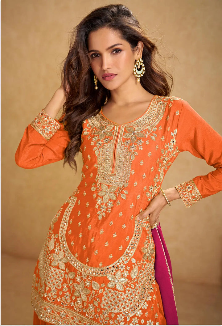 Orange Chinon Silk Palazzo Suit With Mirror & Embroidery Work - qivii
