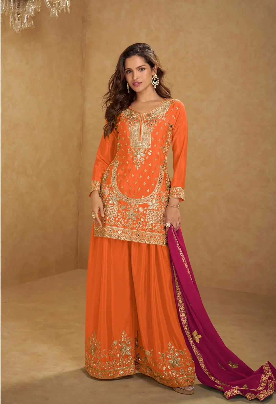 Orange Chinon Silk Palazzo Suit With Mirror & Embroidery Work - qivii