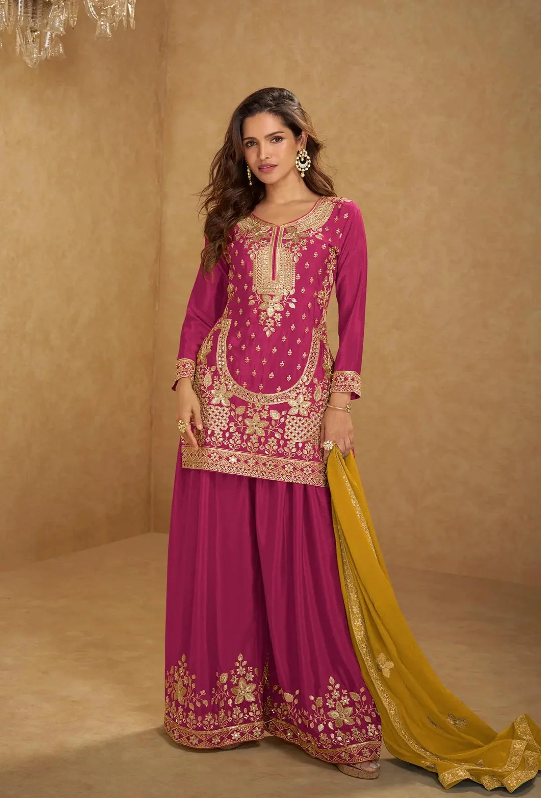 Rani Pink Chinon Silk Palazzo Suit With Mirror & Embroidery Work - qivii