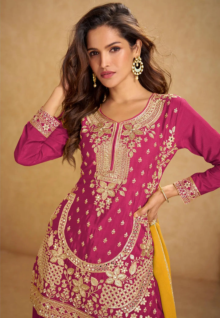 Rani Pink Chinon Silk Palazzo Suit With Mirror & Embroidery Work - qivii