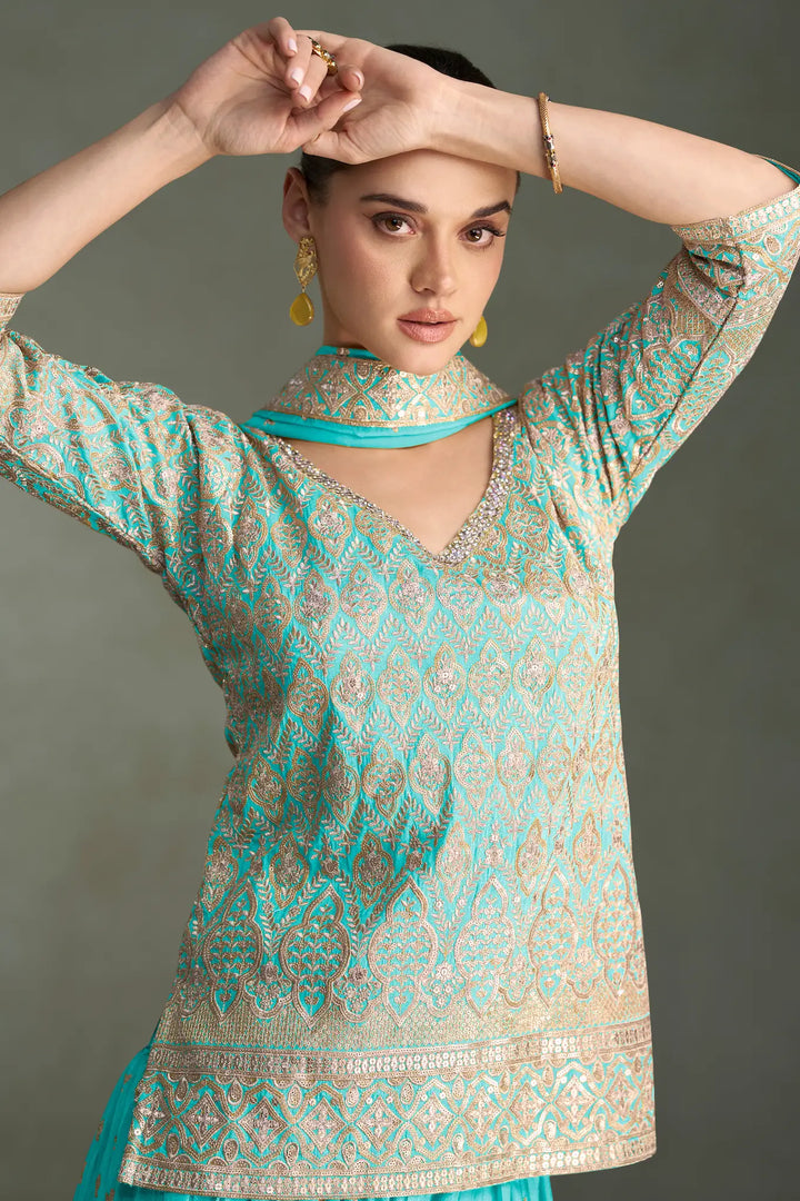 Turquoise Blue Shimmer Silk Embroidery Palazzo Suit - qivii