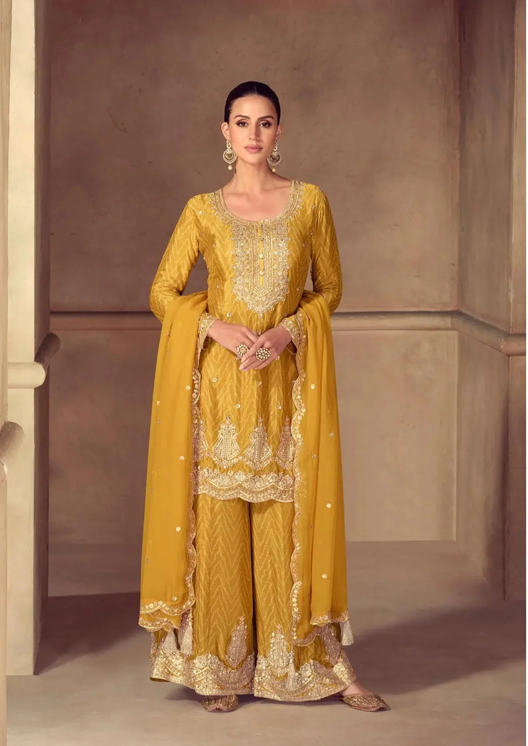 Yellow Chinon Silk Print & Embroidery Work Palazzo Suit - qivii