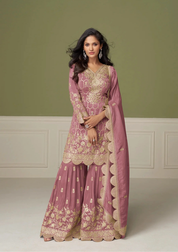 Dusty Pink Shimmer Silk Sharara Suit With Mirror & Embroidery Work - qivii