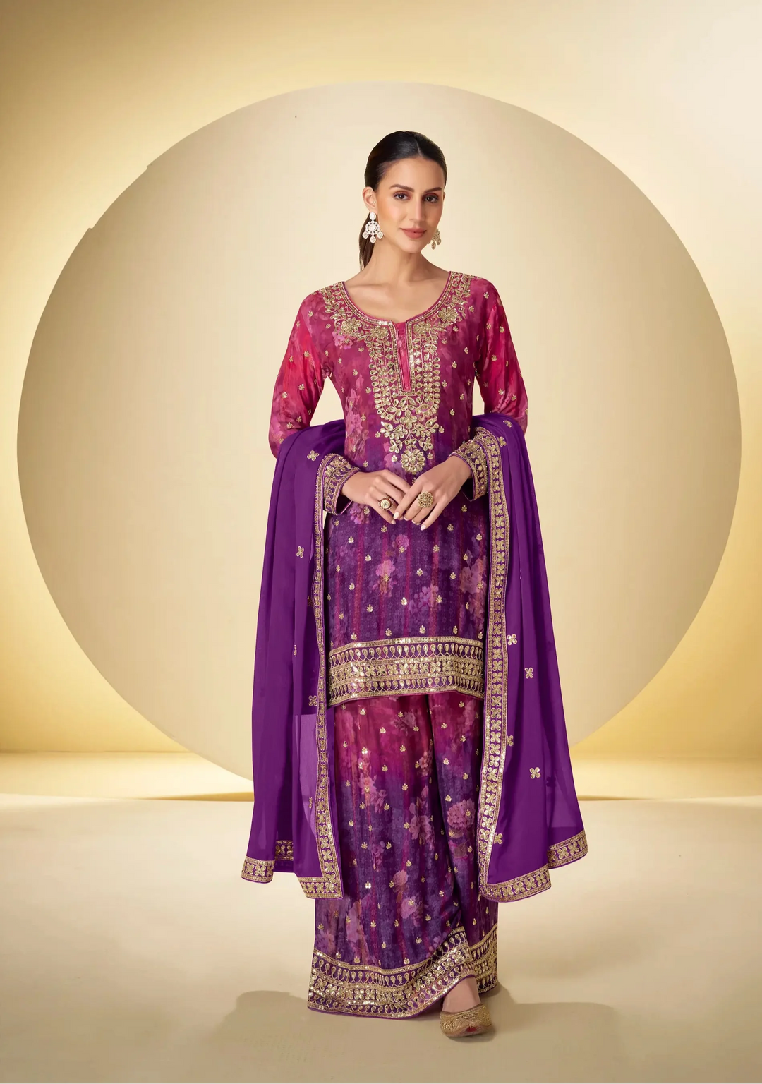 Purple Chinon Silk Palazzo Set With Print, Embroidery & Hand Work - qivii