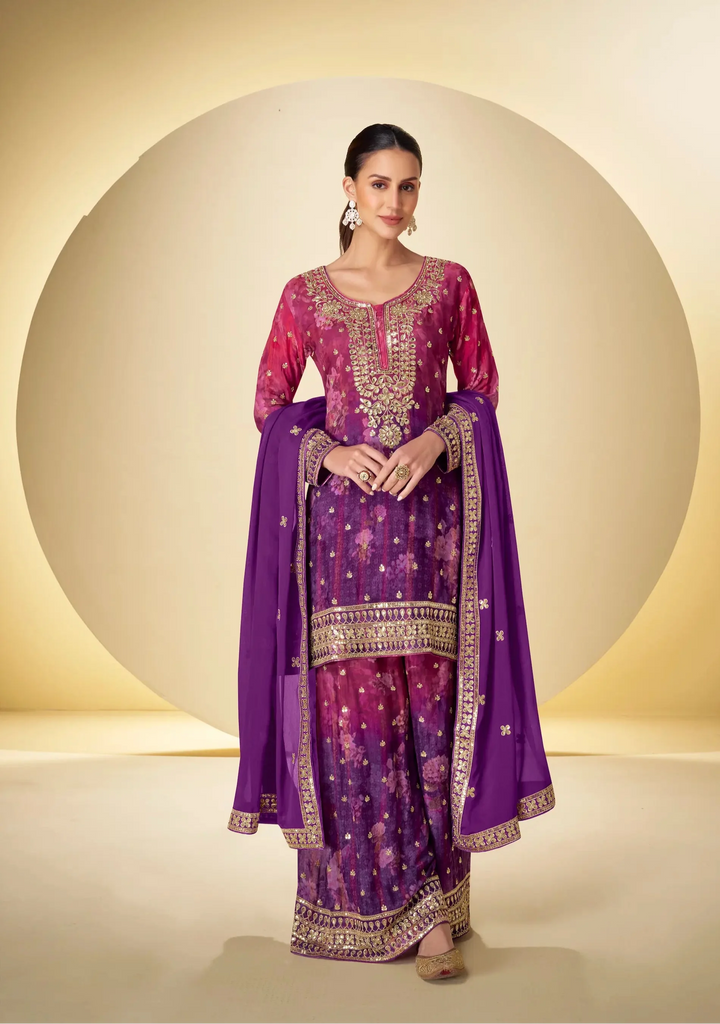 Purple Chinon Silk Palazzo Set With Print, Embroidery & Hand Work - qivii
