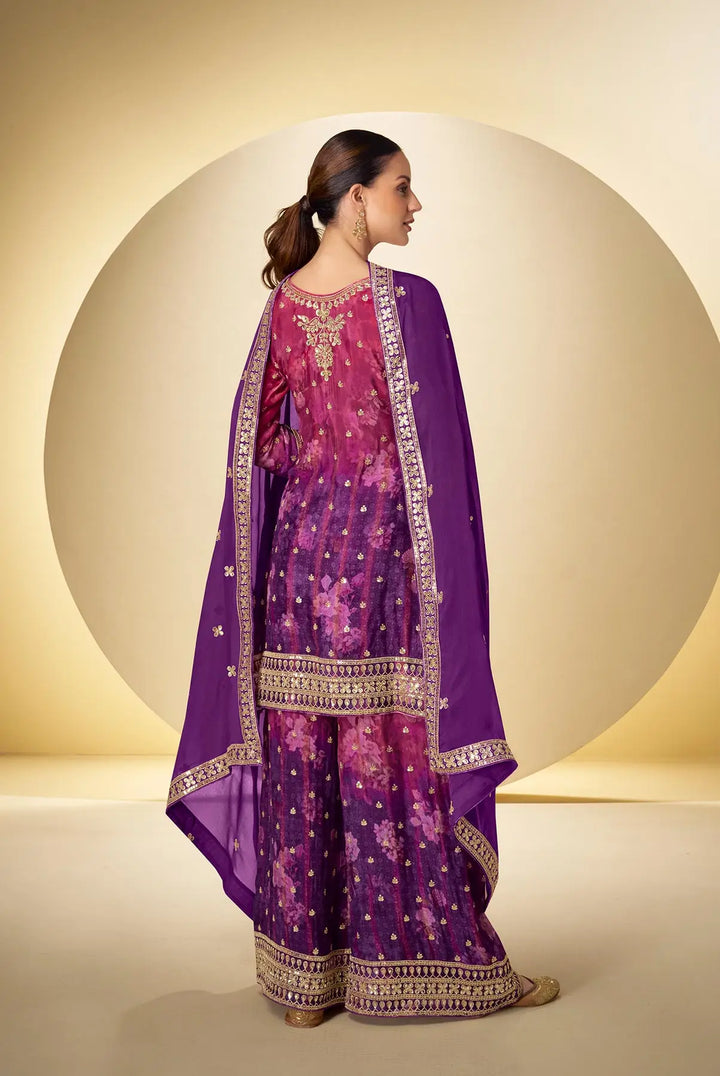 Purple Chinon Silk Palazzo Set With Print, Embroidery & Hand Work - qivii