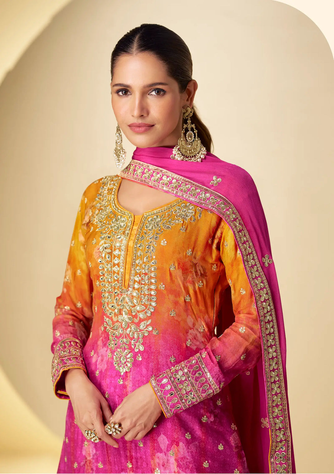 Hot Pink Chinon Silk Palazzo Set With Print, Embroidery & Hand Work - qivii