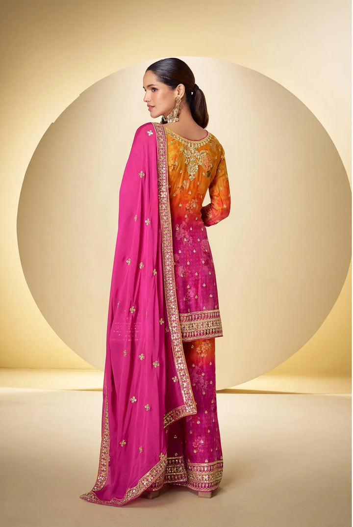 Hot Pink Chinon Silk Palazzo Set With Print, Embroidery & Hand Work - qivii