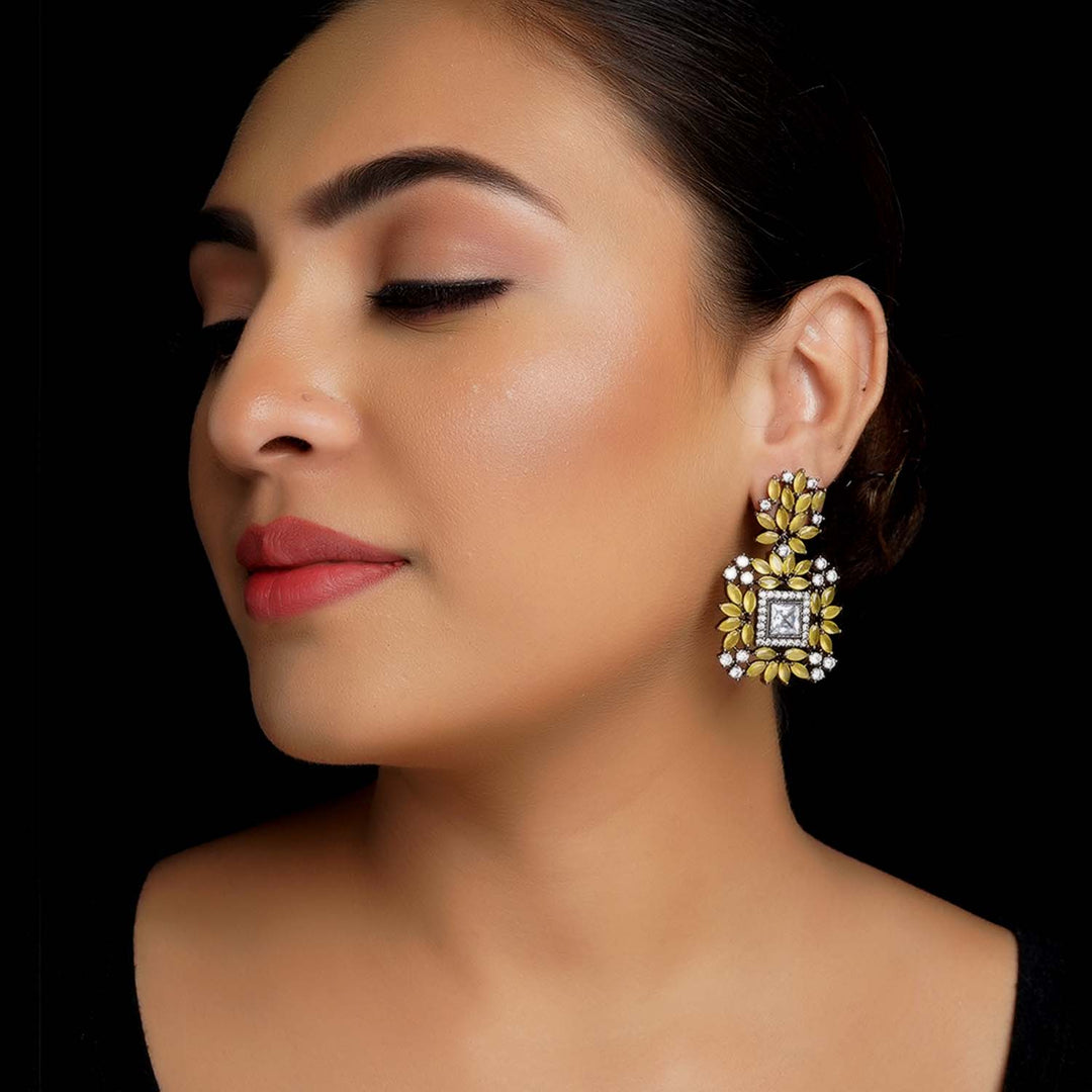 Mustard yellow Victorian earrings with diamond work and rhodium plating