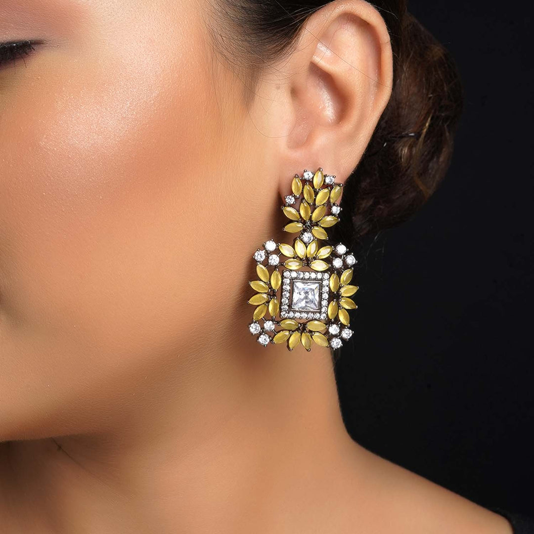 Mustard Yellow Victorian style earrings with diamond work and rhodium plating