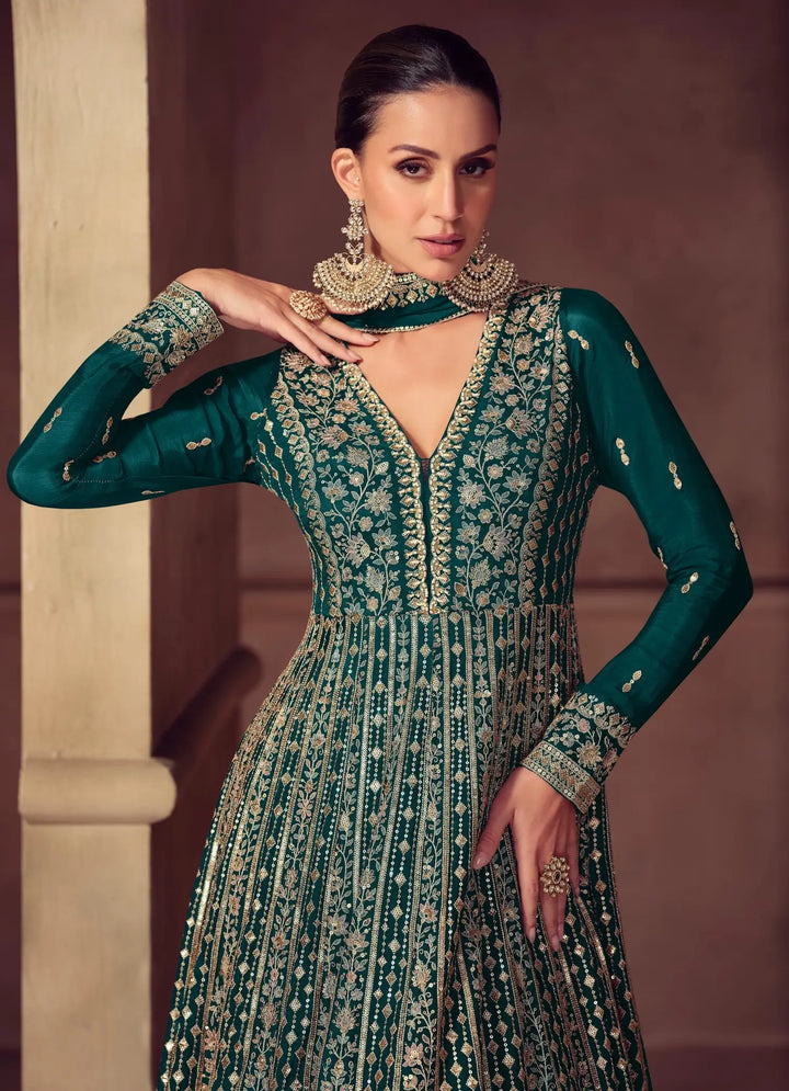 Dark Teal Chinon Silk Embroidery Gown - qivii