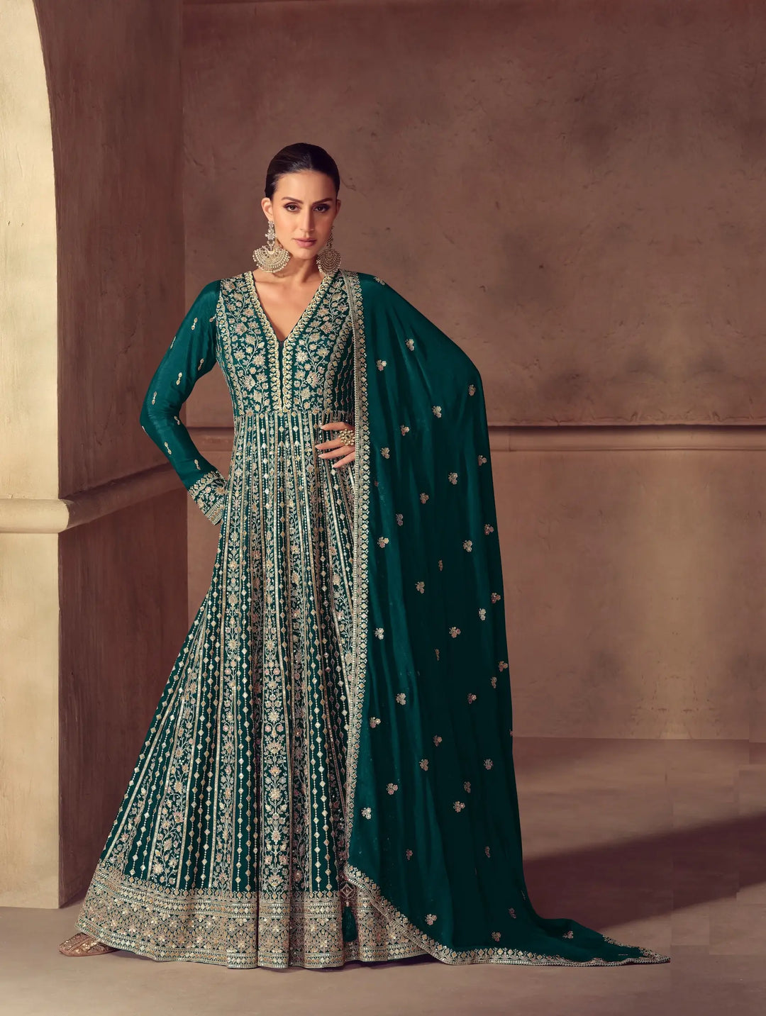 Dark Teal Chinon Silk Embroidery Gown - qivii