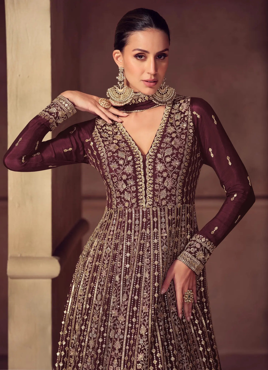 Congo Brown Chinon Silk Embroidery Gown - qivii