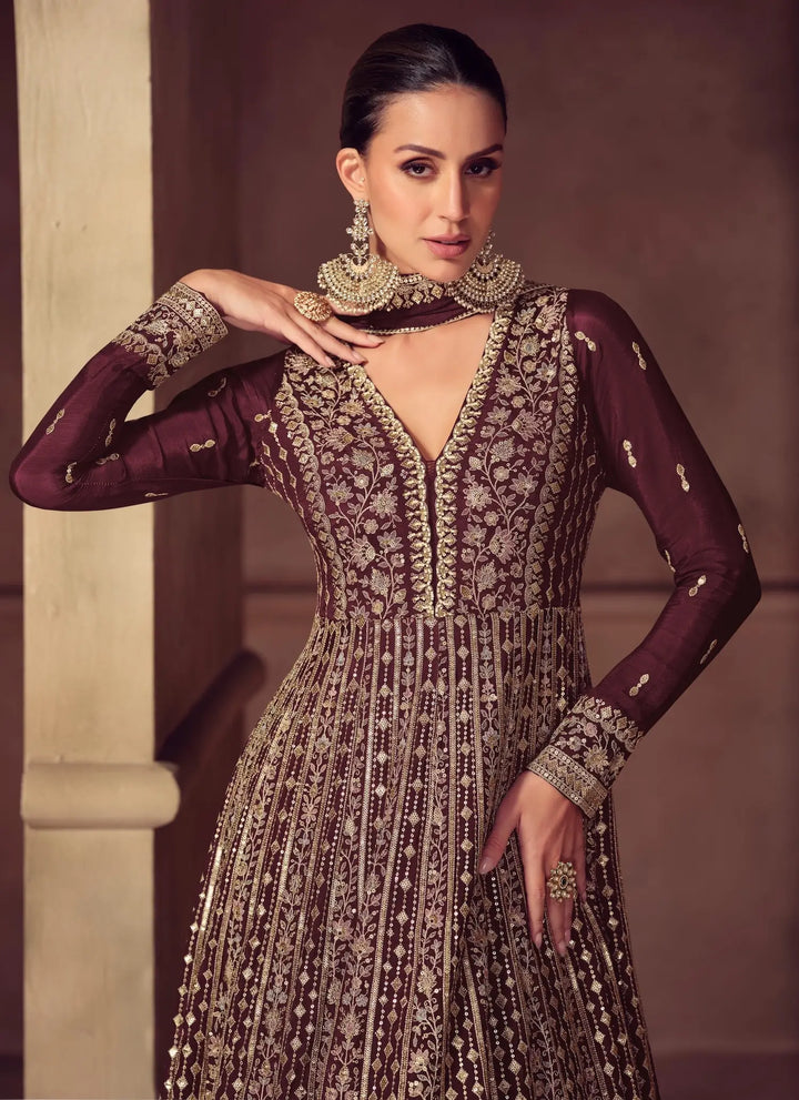 Congo Brown Chinon Silk Embroidery Gown - qivii