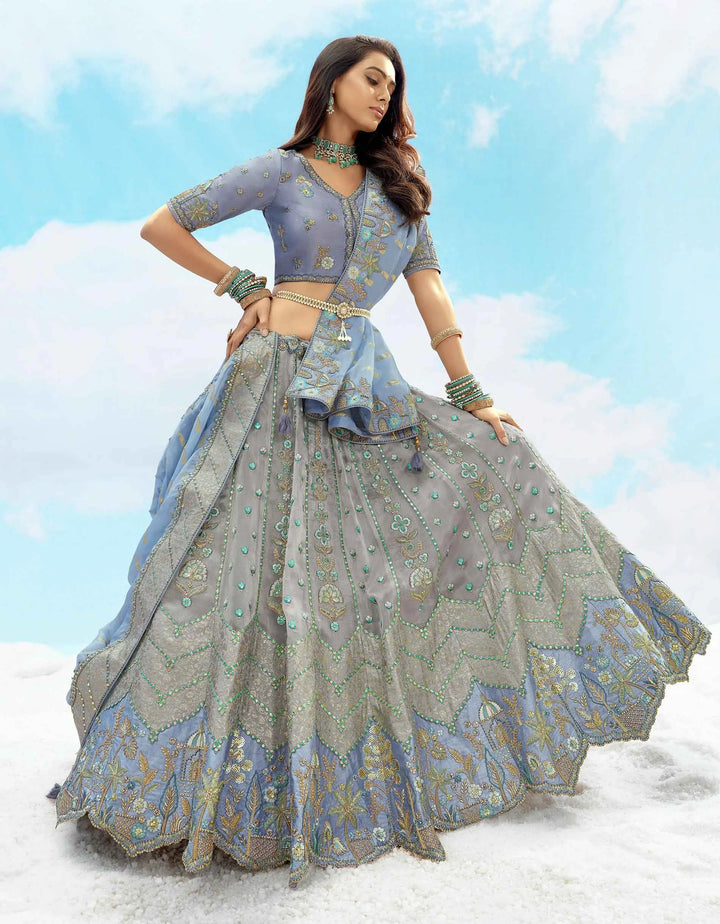 Designer Gray Blue Sequins Floral Embroidery Work Bridal Lehenga - qivii