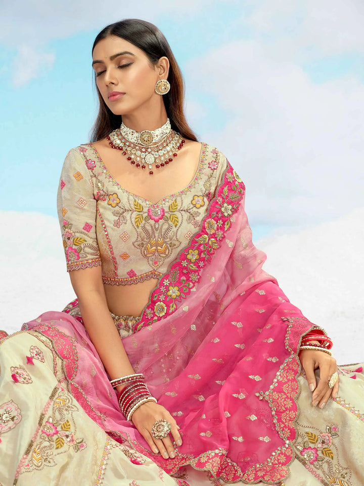 Beige And Pink Designer Patch & Embroidery Work Bridal Lehenga - qivii