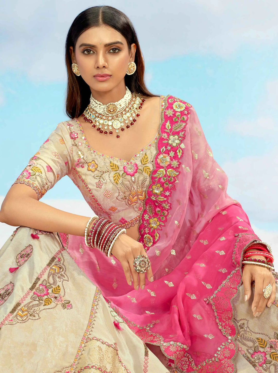Beige And Pink Designer Patch & Embroidery Work Bridal Lehenga - qivii