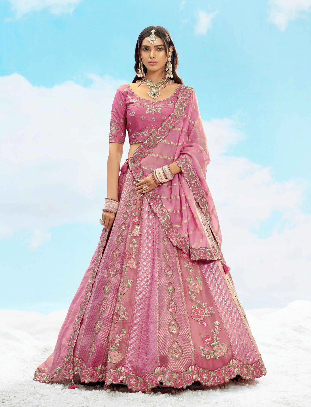 Dull Pink Beautiful Patch & Floral Embroidery Work Bridal Lehenga - qivii