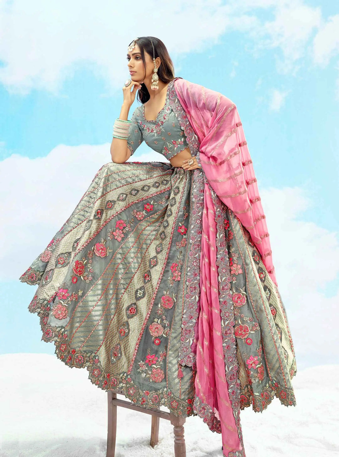 Bluish Grey Designer Floral Embroidery Work Bridal Lehenga - qivii