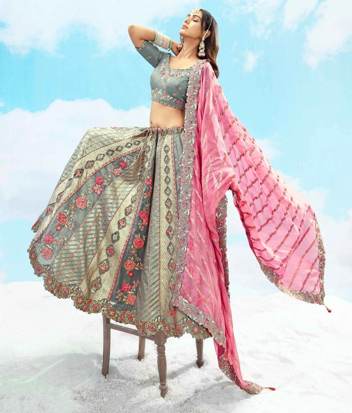 Bluish Grey Designer Floral Embroidery Work Bridal Lehenga - qivii