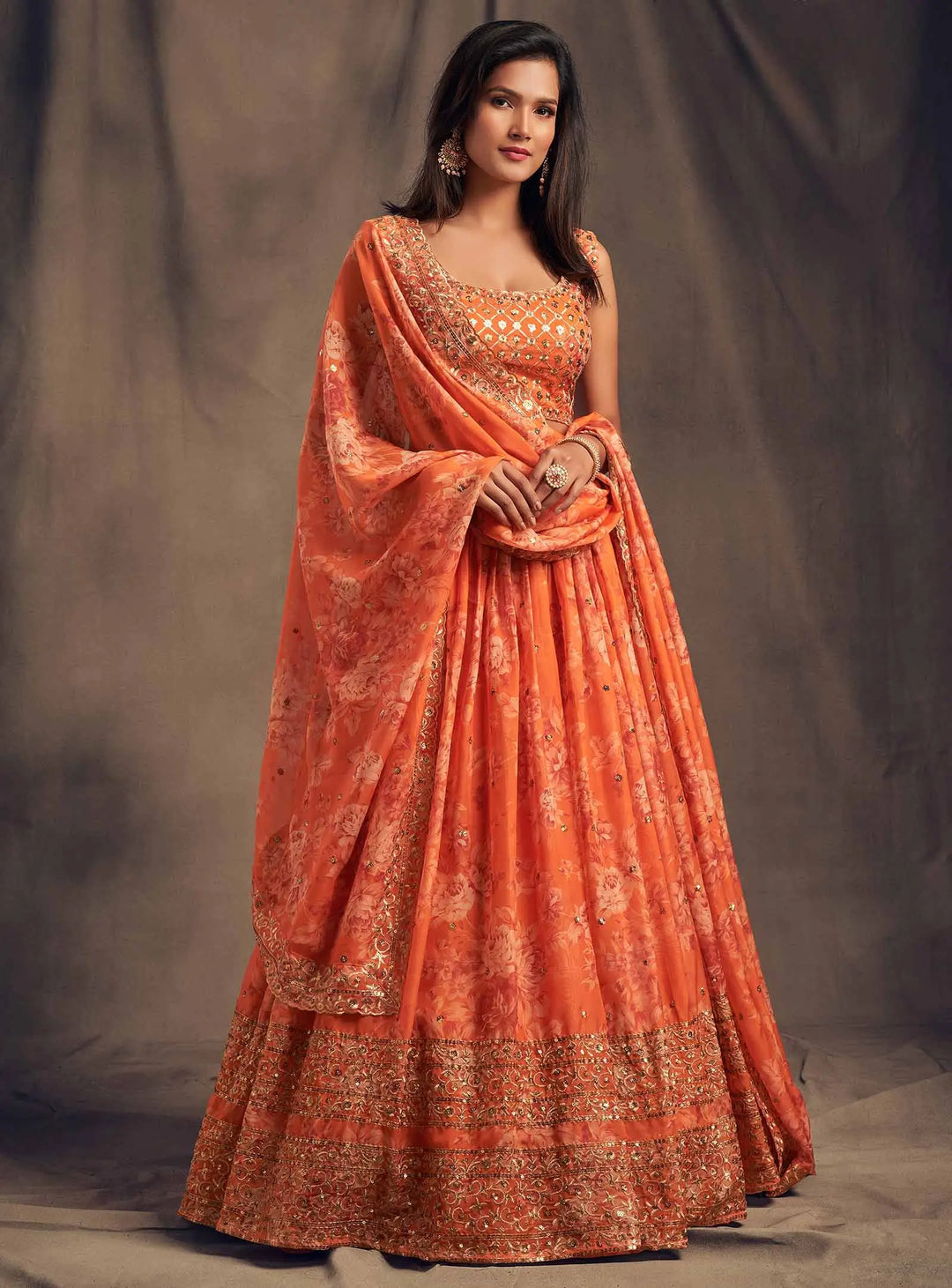 Orange Floral Print Organza Lehenga With Sequins Work | Ready To Wear - qivii