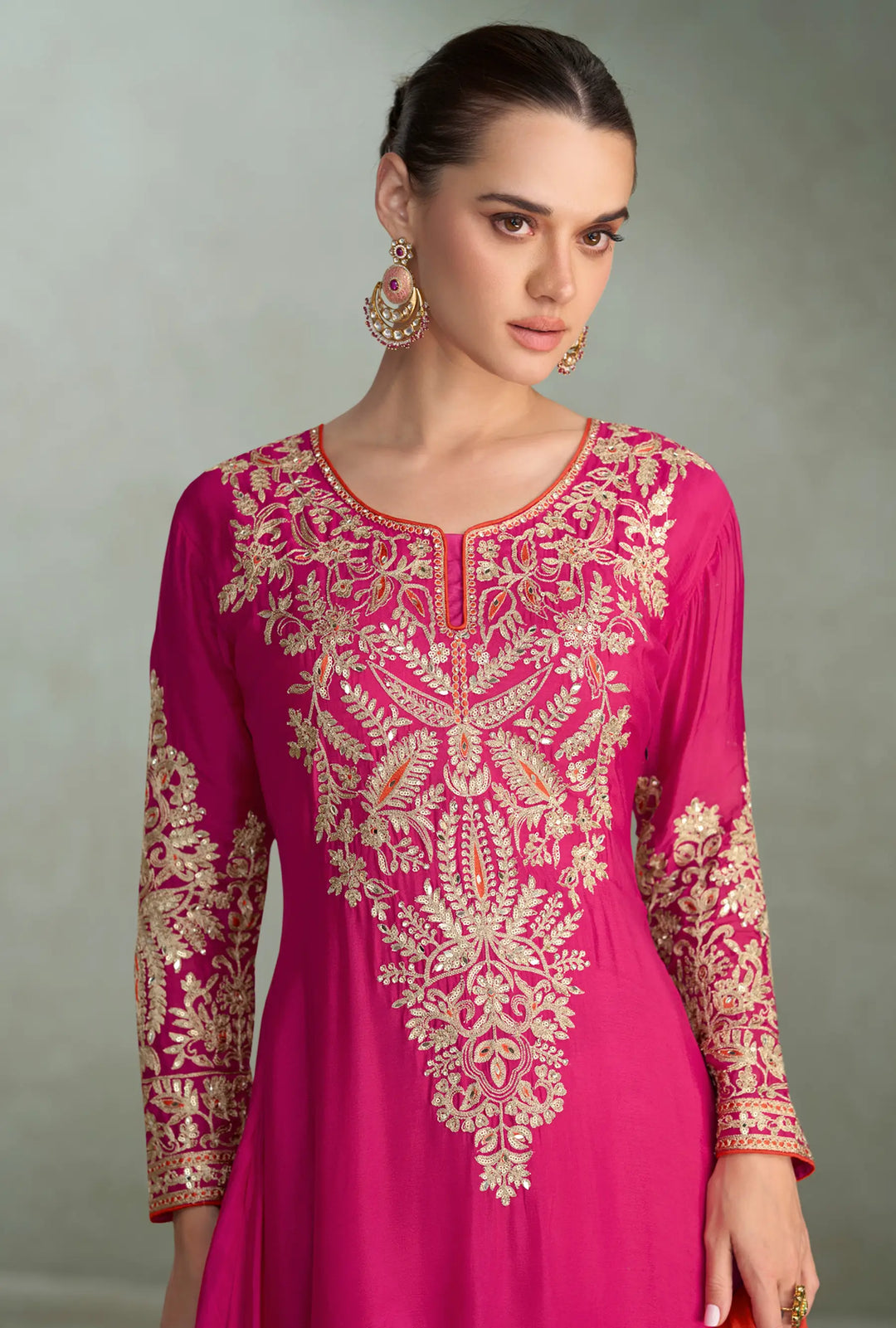 Hot Pink Chinon Silk Embroidery Palazzo Suit - qivii