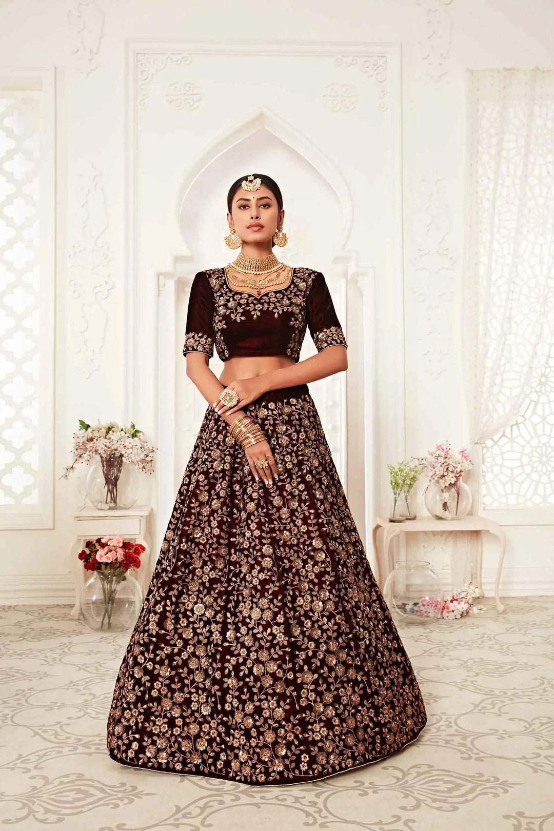 Maroon Velvet Lehenga With Thread Zari And Sequins Embroidery Work | Ready To Wear - qivii