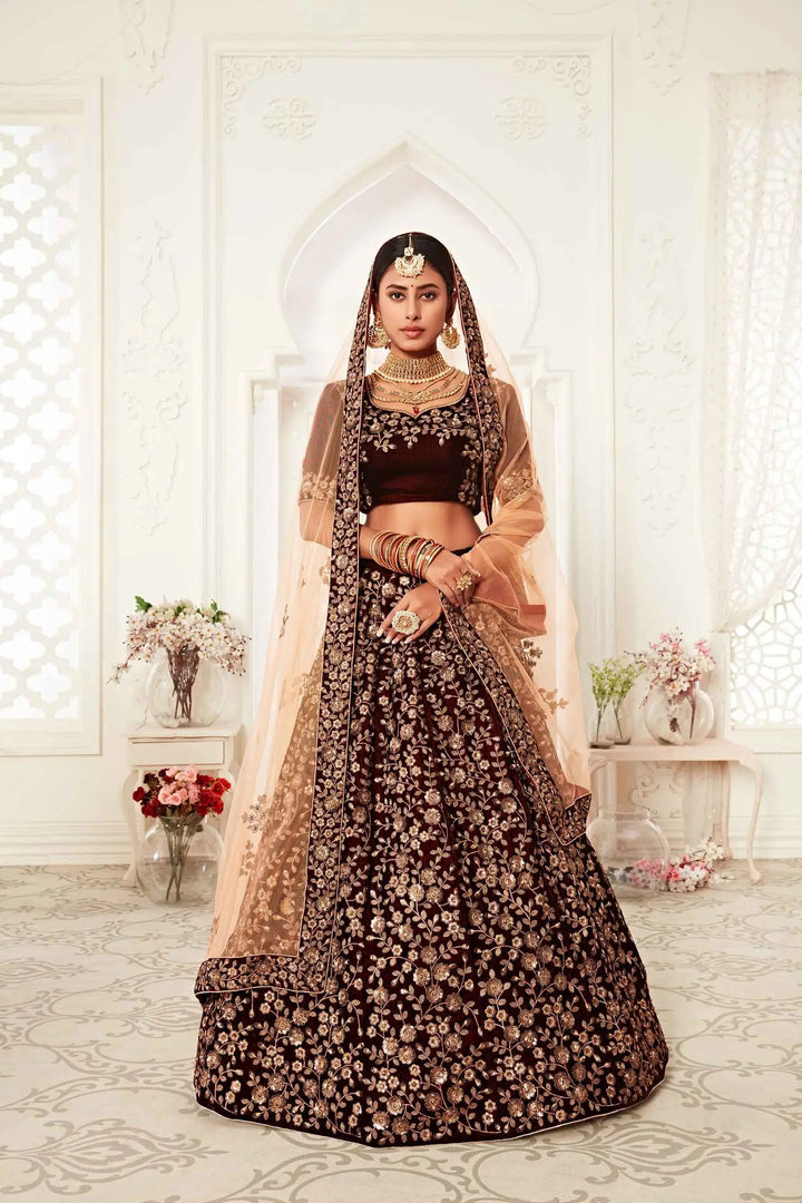 Maroon Velvet Lehenga With Thread Zari And Sequins Embroidery Work | Ready To Wear - qivii