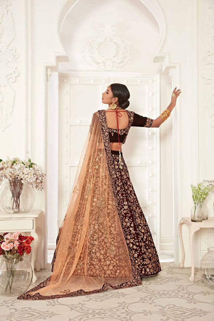 Maroon Velvet Lehenga With Thread Zari And Sequins Embroidery Work | Ready To Wear - qivii