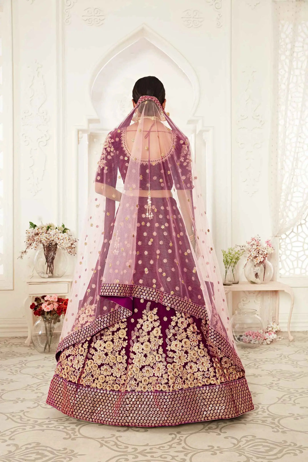 Wine Red Velvet Lehenga With Thread Zari Dori And Sequins Embroidery Work | Ready To Wear - qivii