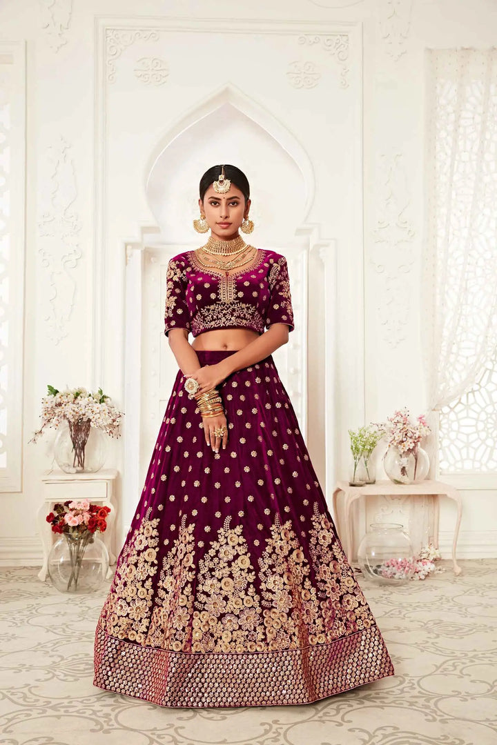 Wine Red Velvet Lehenga With Thread Zari Dori And Sequins Embroidery Work | Ready To Wear - qivii