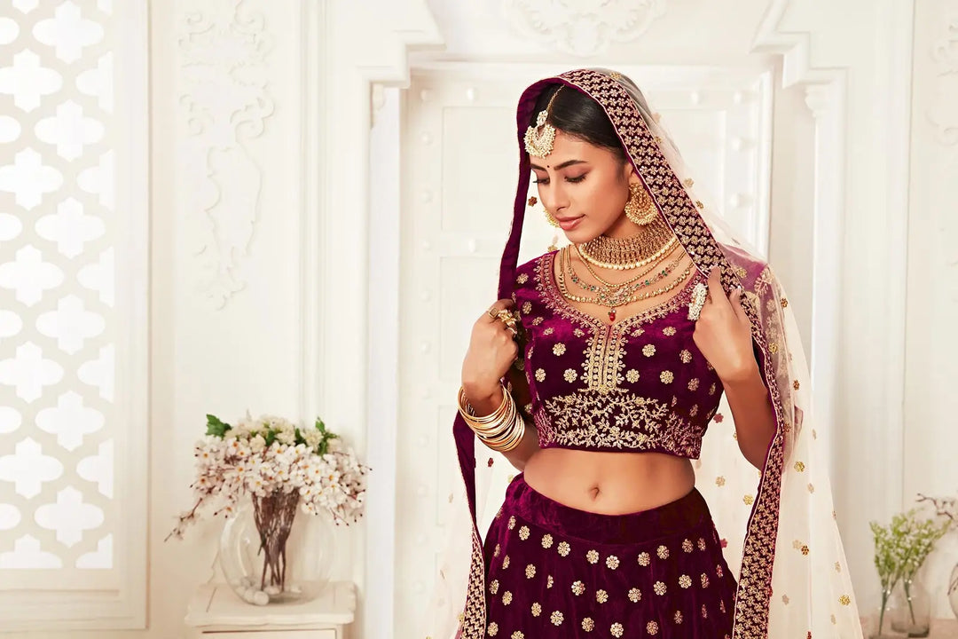 Wine Red Velvet Lehenga With Thread Zari Dori And Sequins Embroidery Work | Ready To Wear - qivii