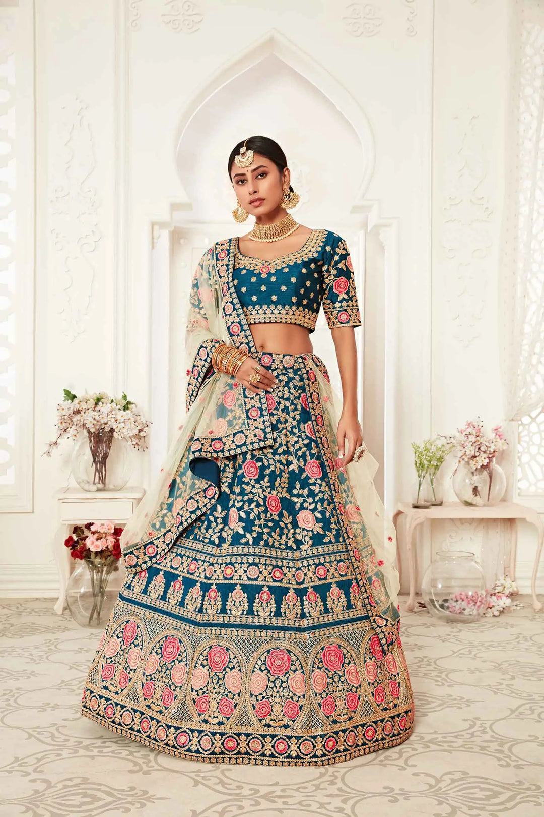Teal Blue Silk Lehenga With Thread Dori Zari And Sequins Embroidery Work | Ready To Wear - qivii