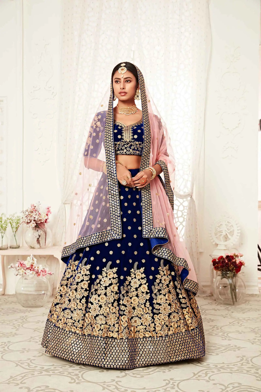Navy Blue Velvet Lehenga With Thread Zari Dori And Sequins Embroidery Work | Ready To Wear - qivii