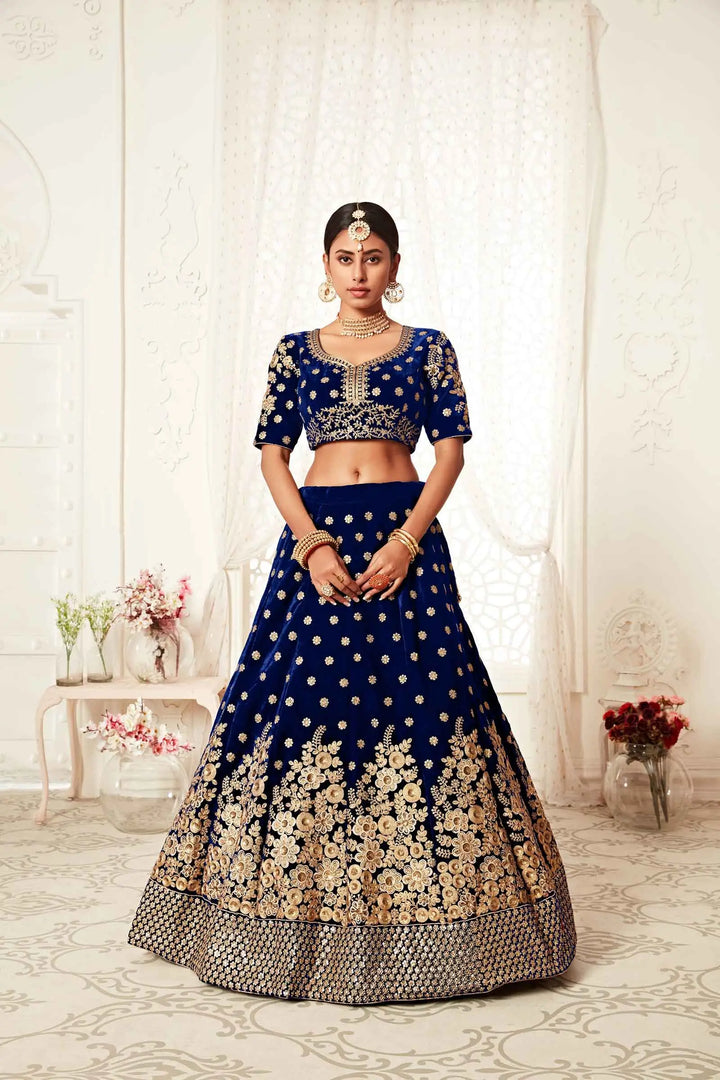 Navy Blue Velvet Lehenga With Thread Zari Dori And Sequins Embroidery Work | Ready To Wear - qivii