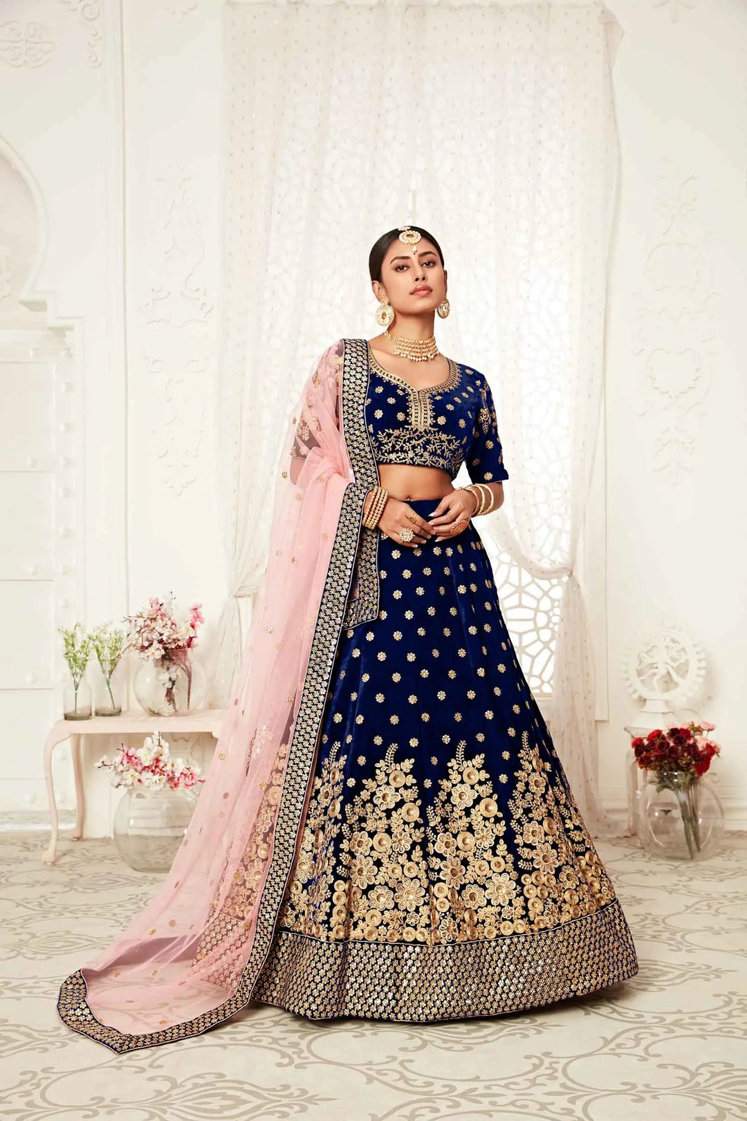 Navy Blue Velvet Lehenga With Thread Zari Dori And Sequins Embroidery Work | Ready To Wear - qivii