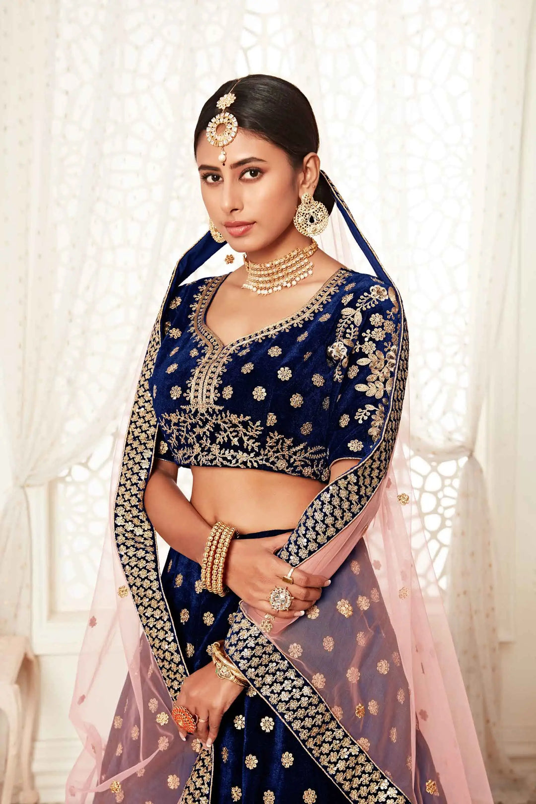 Navy Blue Velvet Lehenga With Thread Zari Dori And Sequins Embroidery Work | Ready To Wear - qivii