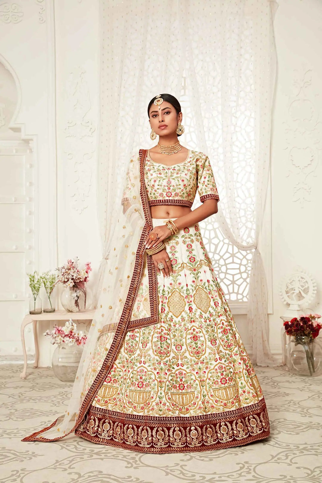 Off White Silk Lehenga With Thread Dori Zari And Sequins Embroidery With Diamond Work | Ready To Wear - qivii