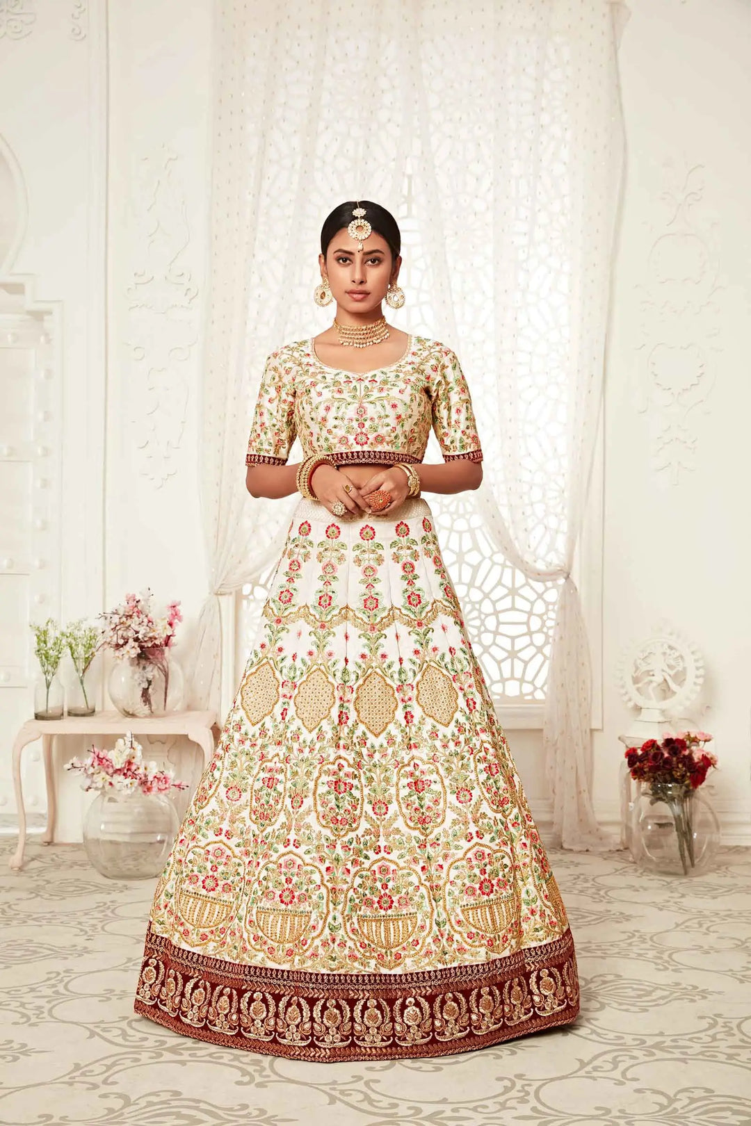 Off White Silk Lehenga With Thread Dori Zari And Sequins Embroidery With Diamond Work | Ready To Wear - qivii