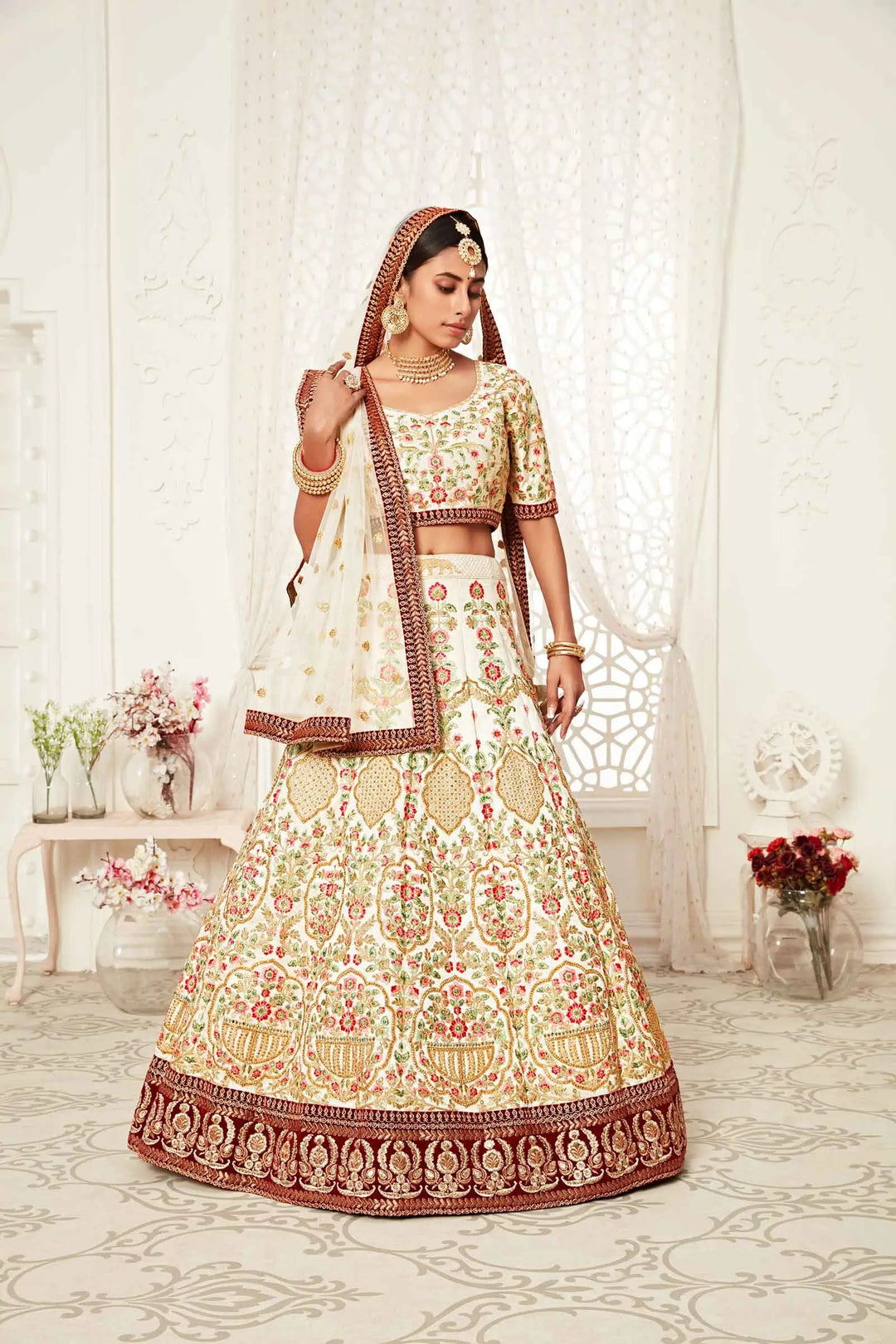 Off White Silk Lehenga With Thread Dori Zari And Sequins Embroidery With Diamond Work | Ready To Wear - qivii