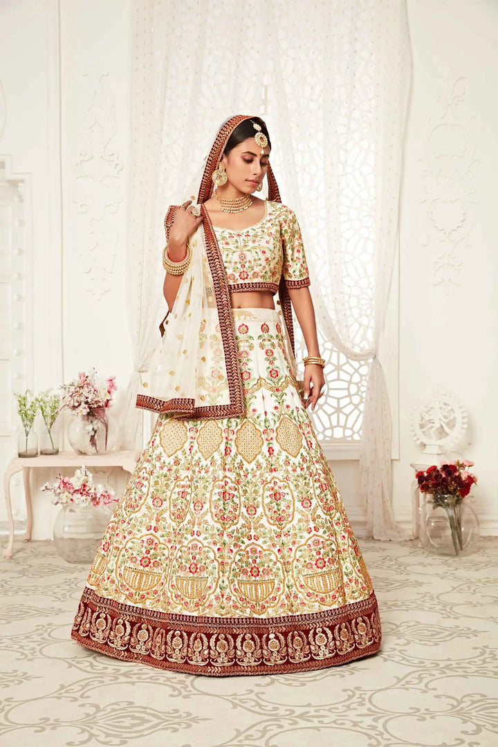 Off White Silk Lehenga With Thread Dori Zari And Sequins Embroidery With Diamond Work | Ready To Wear - qivii